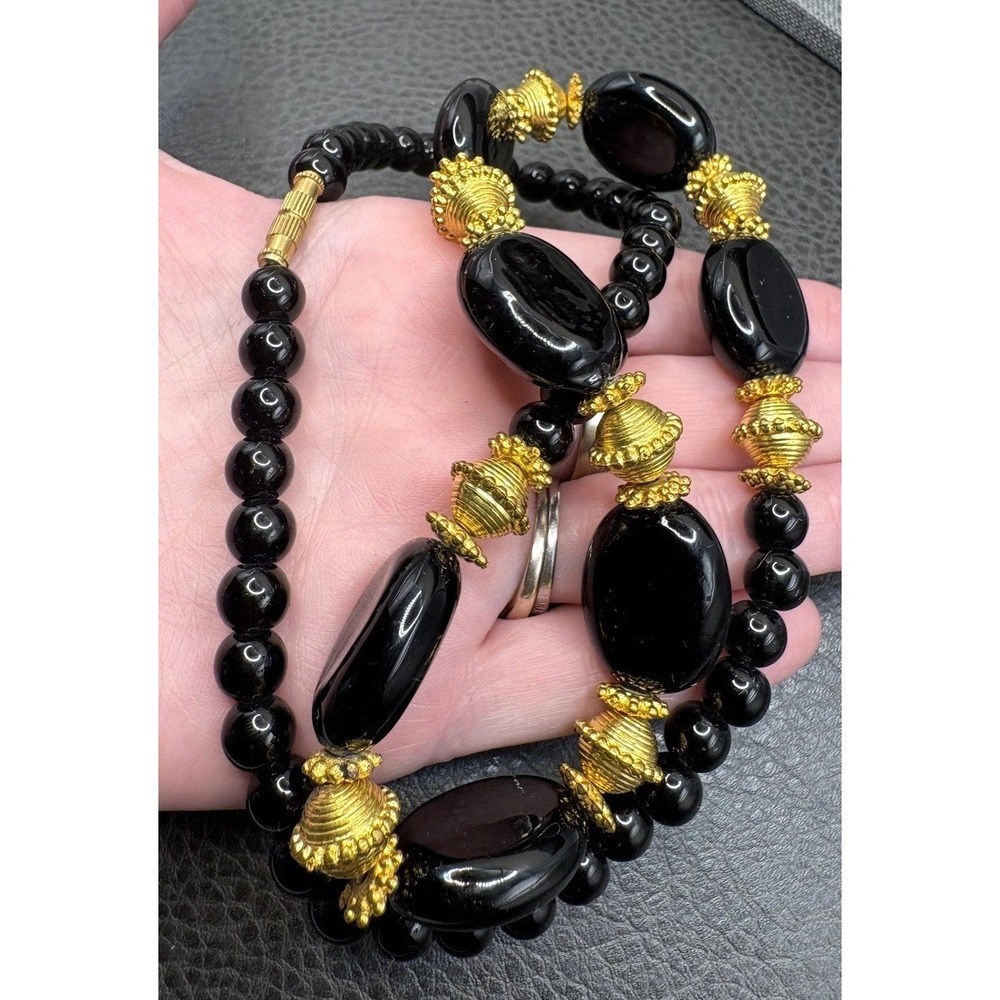 Vintage Etruscan Style Black Glass Bead Necklace Rondelle Gold Tone 24"